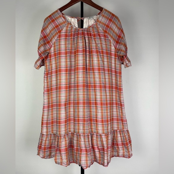 Madewell Pink Orange Plaid Ruffle-Sleeve Popover Mini Babydoll Dress - Picture 2 of 9